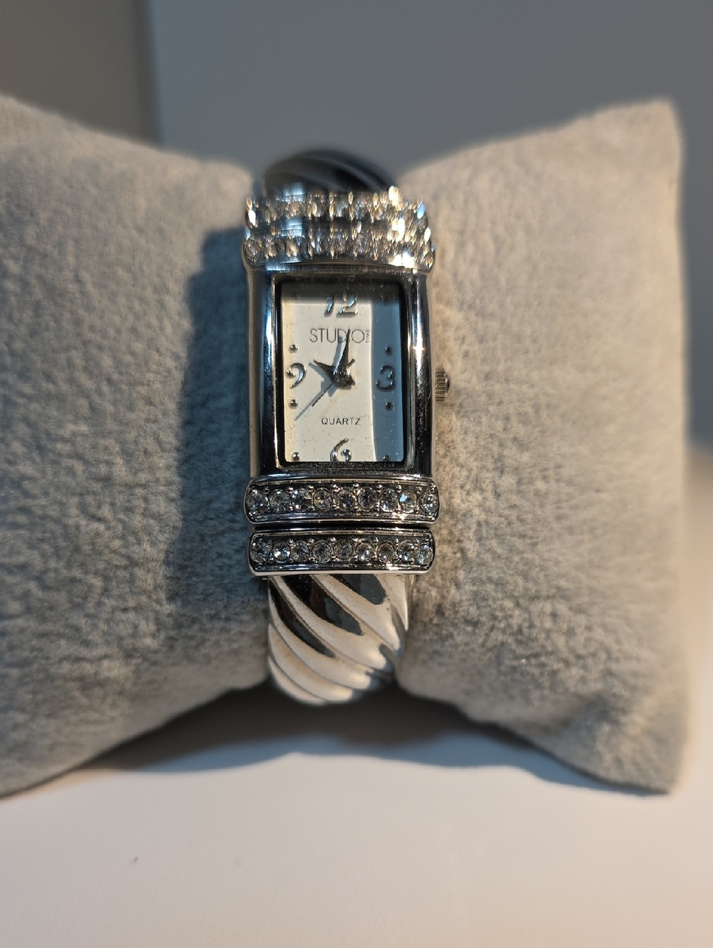 Studio Silver Crystal-Accent Twisted Bangle Watch